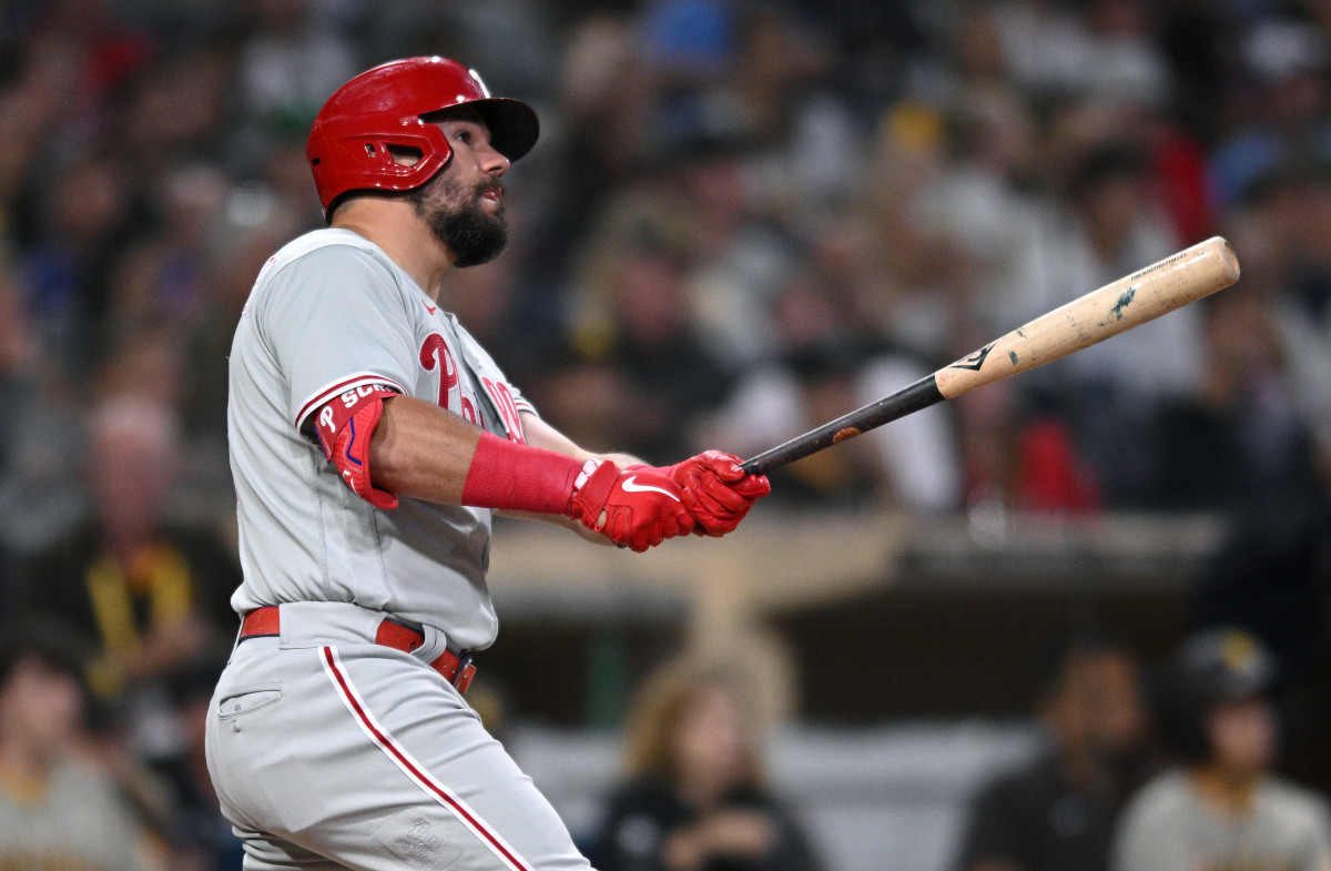Kyle Schwarber spots his two-run home run leave the park against the San Diego Padres.