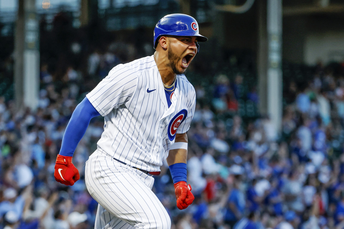 Jun 14, 2022; Chicago, Illinois, USA; Chicago Cubs catcher Willson Contreras (40) celebrates after hitting a two-run home run against the San Diego Padres during the third inning at Wrigley Field.