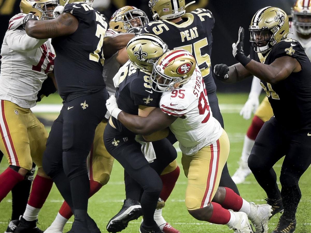 49ers DT Kentavius Street hits Saints QB Drew Brees during a 2020 game between New Orleans and San Francisco. Brees sustained a rib injury on the play. Credit: Nola.com