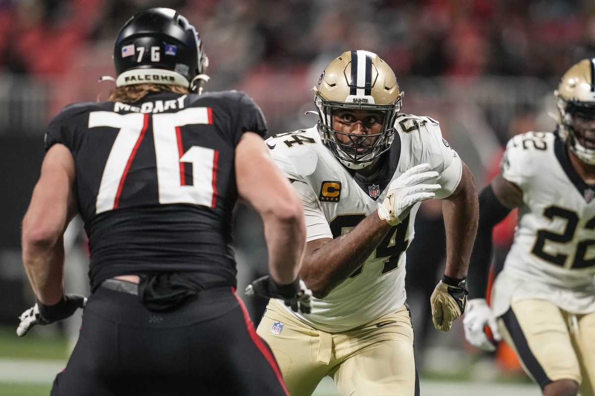New Orleans Saints defensive end Cameron Jordan (94) pressures the passer against Atlanta Falcons offensive tackle Kaleb McGary (76). Mandatory Credit: Dale Zanine-USA TODAY Sports