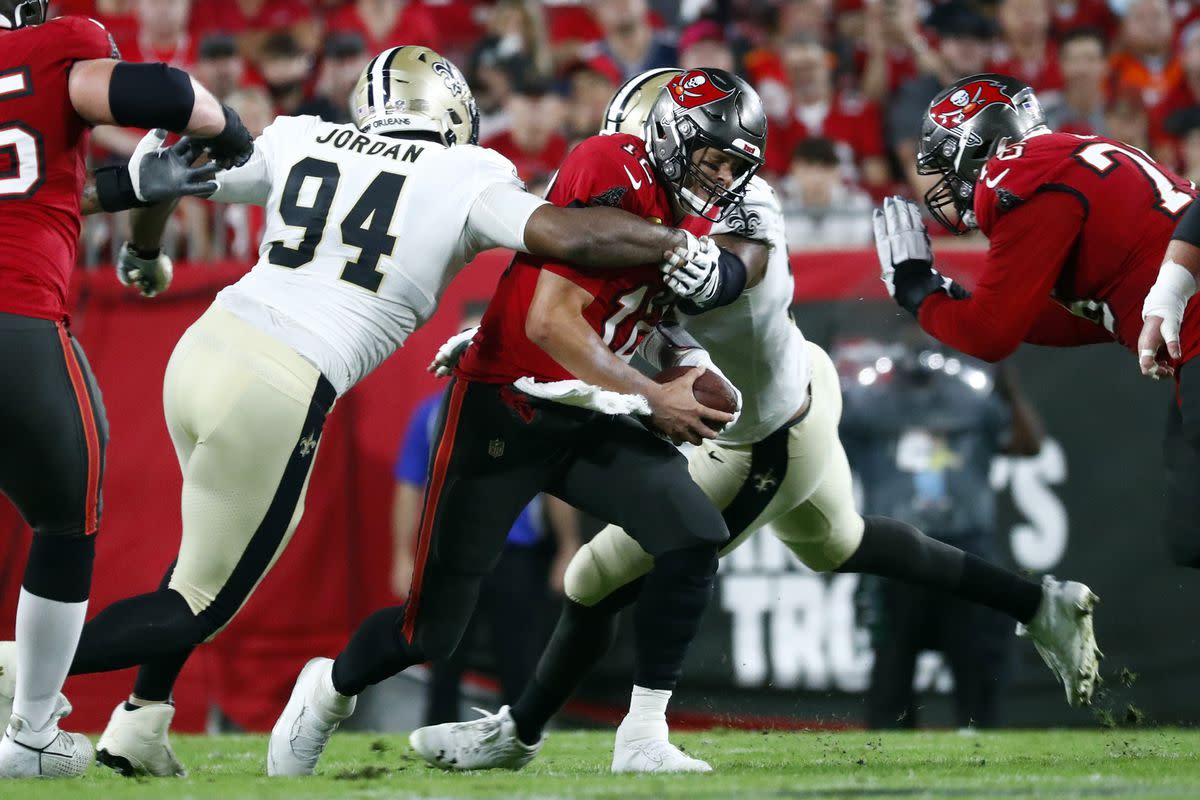 Saints DE Cameron Jordan (94) sacks Buccaneers QB Tom Brady (12). Credit: USA TODAY 
