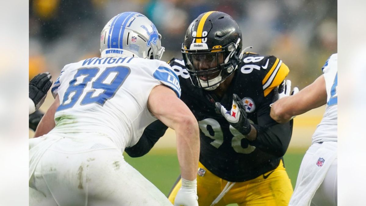 Former Steelers DE Taco Charlton (98) rushes during a 2021 game against Detroit. Credit: neworleanssaints.com 