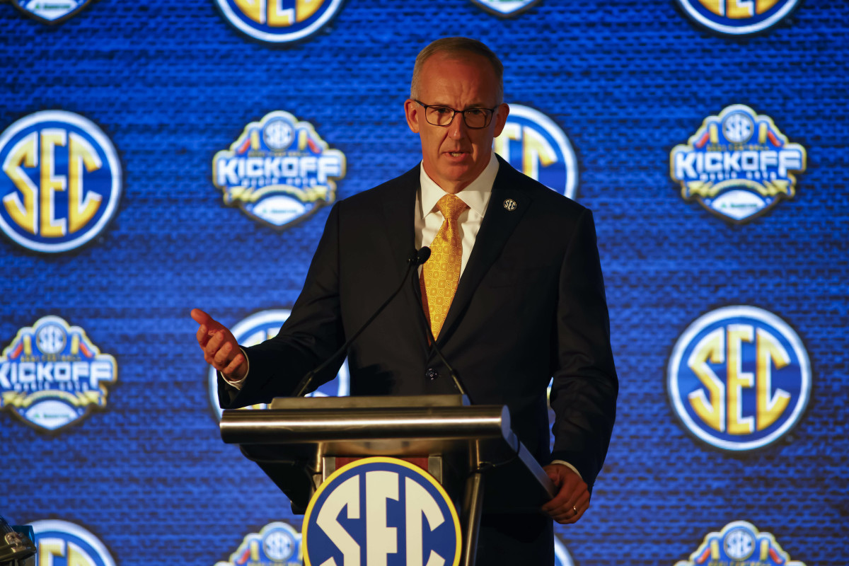 Jul 19, 2021; Hoover, Alabama, USA; SEC commissioner Greg Sankey speaks to the media during SEC Media Days at Hyatt Regency Birmingham. Mandatory Credit: Vasha Hunt-USA TODAY Sports