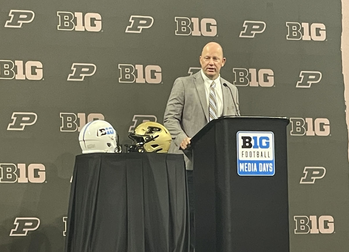 Purdue head coach Jeff Brohm speaks at Big Ten Football Media Days.