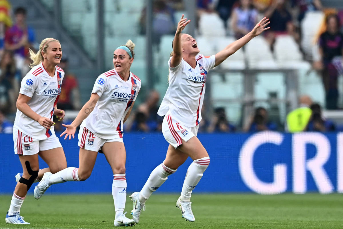 Amandine Henry pictured (right) celebrating after scoring a wonder goal for Lyon in the 2022 Women's Champions League final against Barcelona