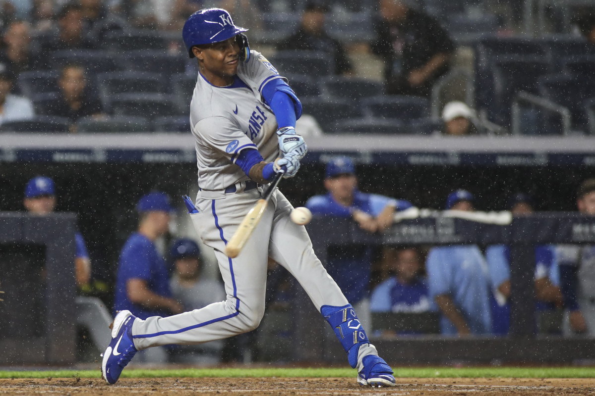 Jul 29, 2022; Bronx, New York, USA; Kansas City Royals shortstop Maikel Garcia (11) hits a single in the fifth inning against the New York Yankees at Yankee Stadium. Mandatory Credit: Wendell Cruz-USA TODAY Sports