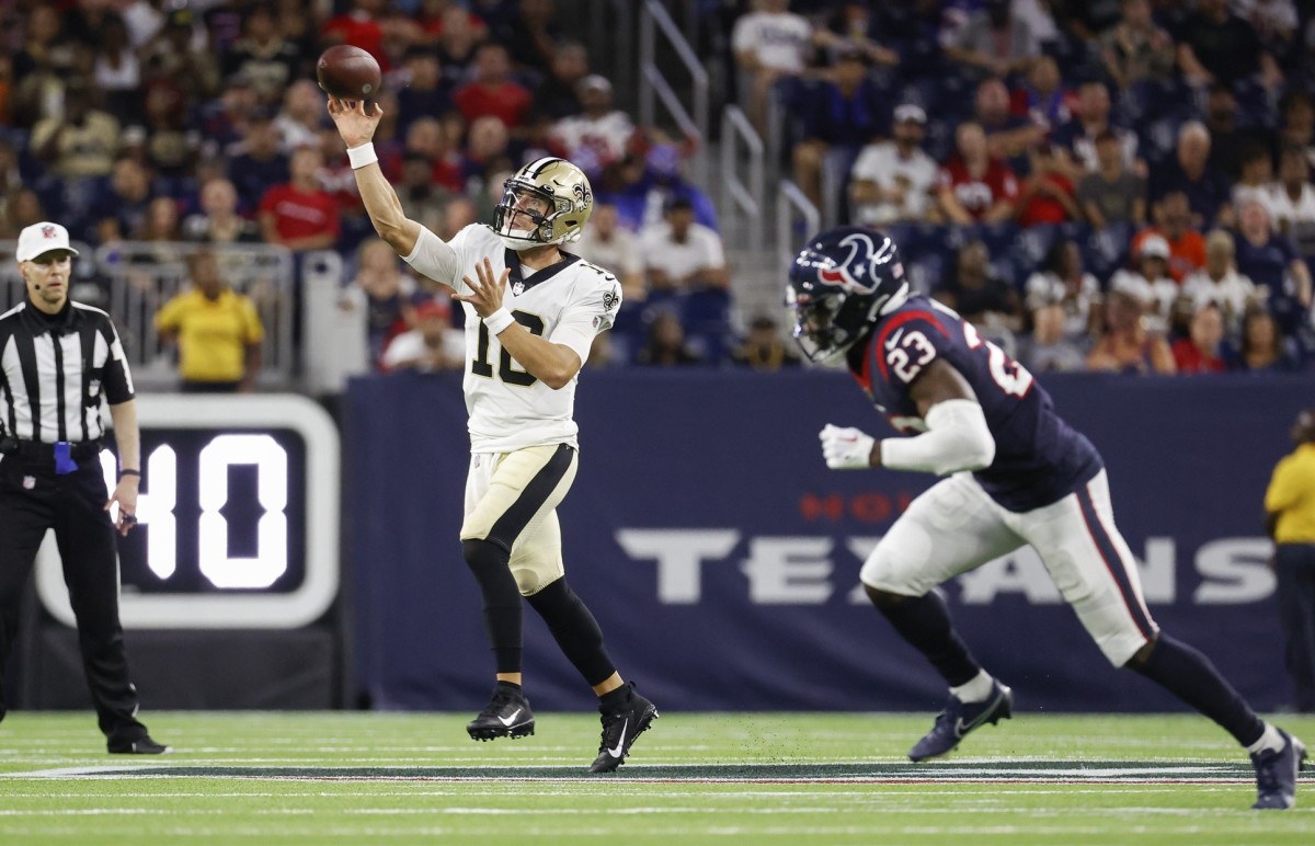 New Orleans Saints quarterback Ian Book (16) attempts a pass against the Houston Texans. Mandatory Credit: Troy Taormina-USA TODAY