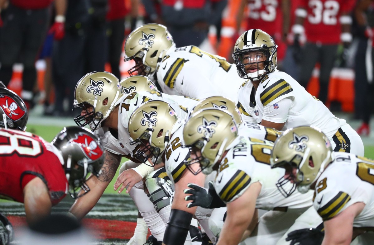 New Orleans Saints quarterback Jameis Winston (2) looks on against the Tampa Bay Buccaneers. Mandatory Credit: Kim Klement-USA TODAY