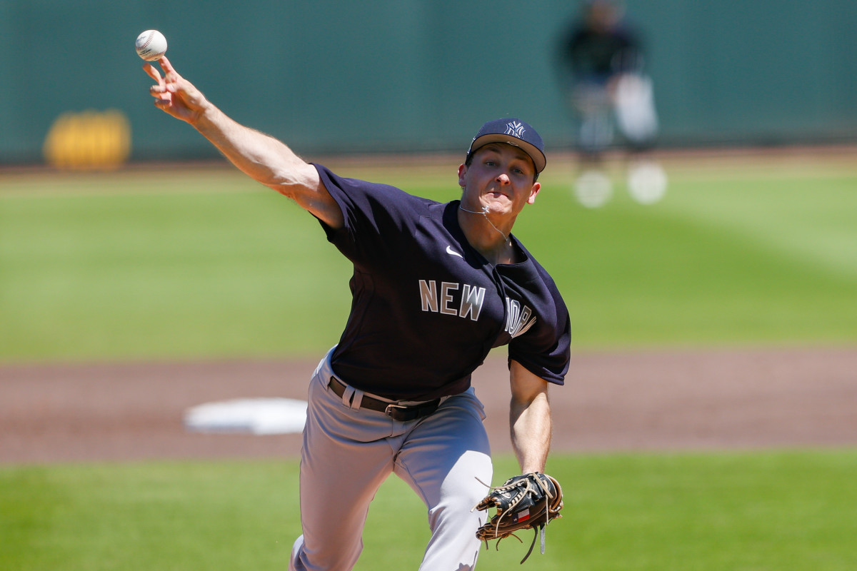 Pitching prospect Hayden Wesneski in a 2022 spring training outing with the Yankees before being dealt to Cubs.  