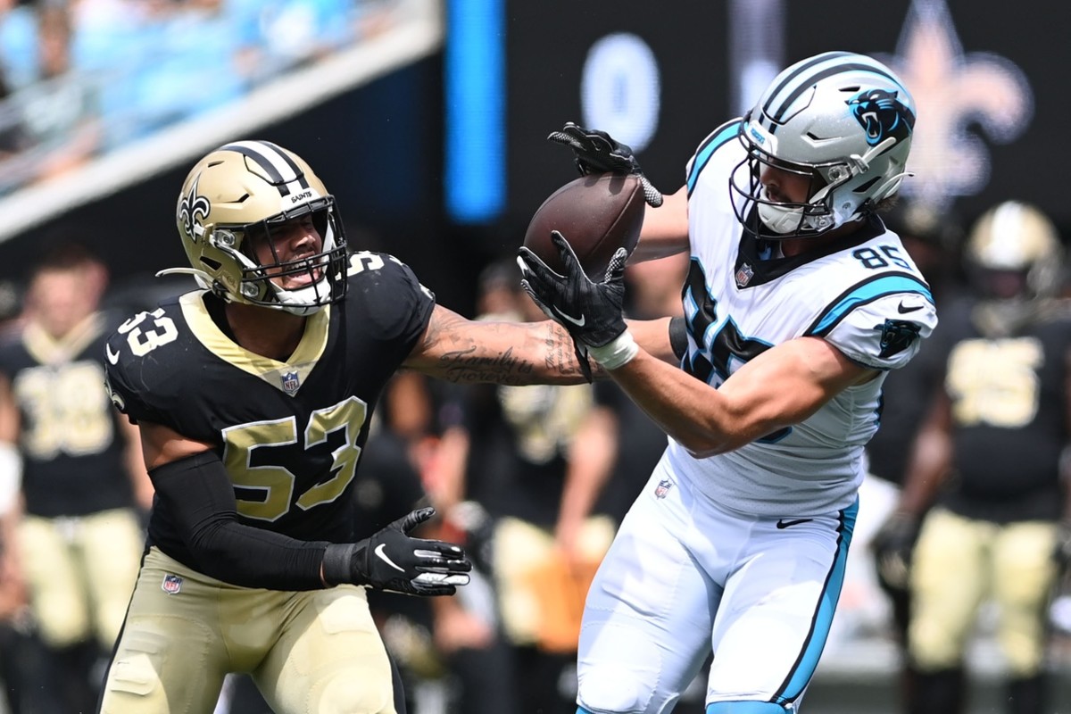 Sep 19, 2021; Carolina Panthers tight end Dan Arnold (85) catches a pass past New Orleans Saints linebacker Zack Baun (53). Mandatory Credit: Bob Donnan-USA TODAY Sports