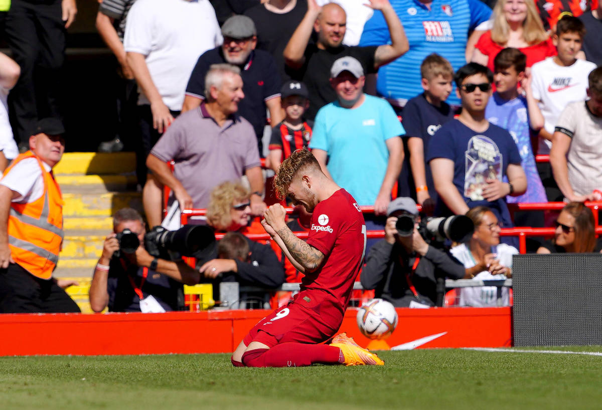 Harvey Elliott pictured celebrating after scoring his first ever goal for Liverpool in August 2022
