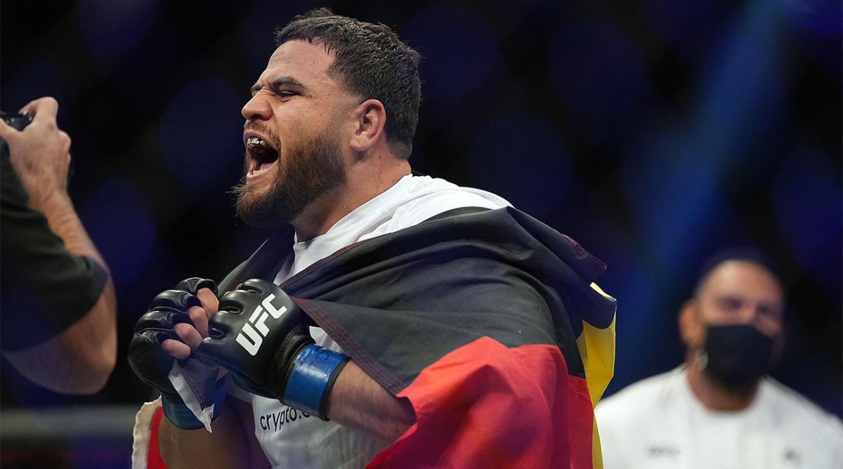 Dec 11, 2021; Las Vegas, Nevada, USA; Tai Tuivasa is declared the winner by knockout against Agusto Sakai during UFC 269 at T-Mobile Arena.