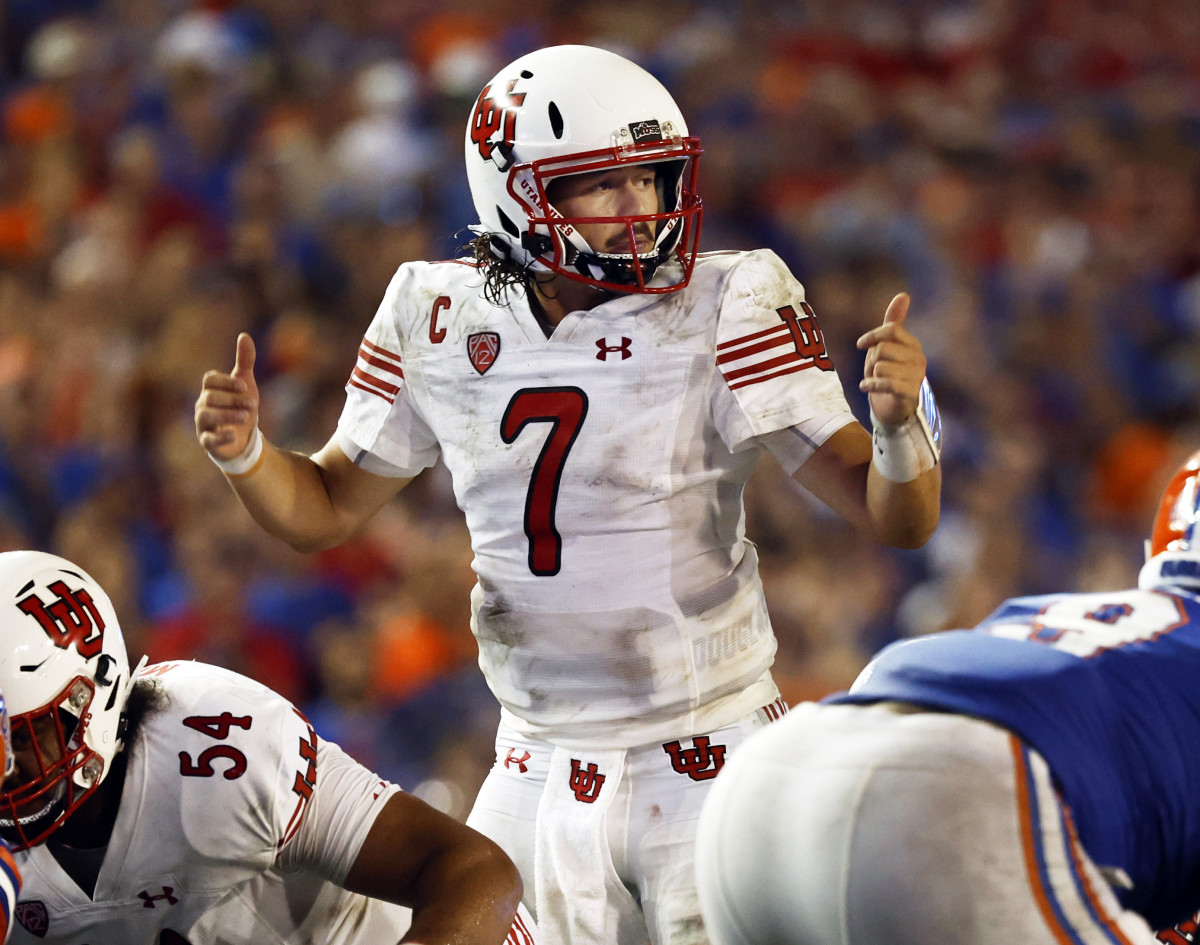 Utah Utes quarterback Cameron Rising (7) calls a play against the Florida Gators during the second half at Steve Spurrier-Florida Field.