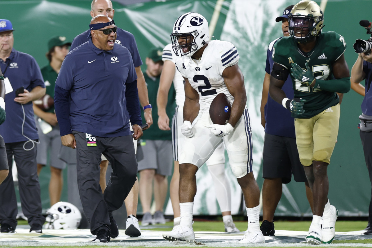 Sep 3, 2022; Tampa, Florida, USA; Brigham Young Cougars running back Christopher Brooks (2) reacts against the South Florida Bulls during the second half at Raymond James Stadium. Mandatory Credit: Douglas DeFelice-USA TODAY Sports