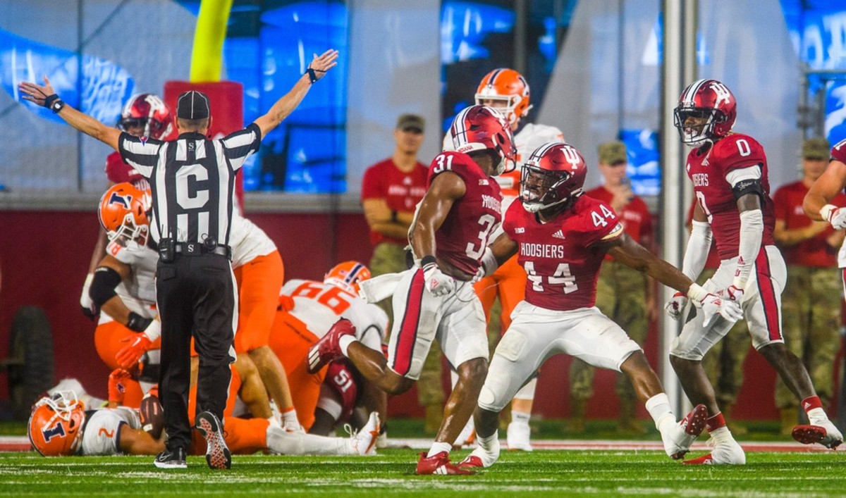 Indiana's Aaron Casey (44) celebrates his backfield tackle of Illinois' Chase Brown (2) during the Indiana versus Illinois football game at Memorial Stadium on Friday, Sept. 2, 2022.