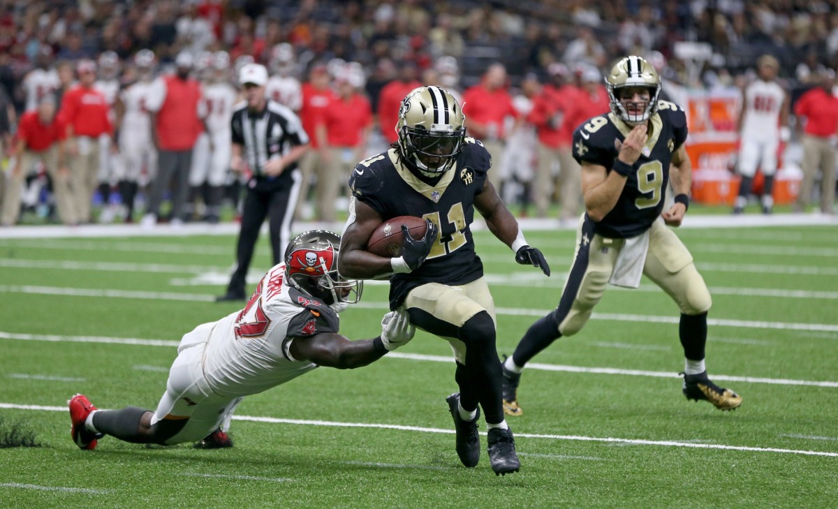 Sep 9, 2018; New Orleans Saints running back Alvin Kamara (41) scores a touchdown against the Tampa Bay Buccaneers. Mandatory Credit: Chuck Cook-USA TODAY