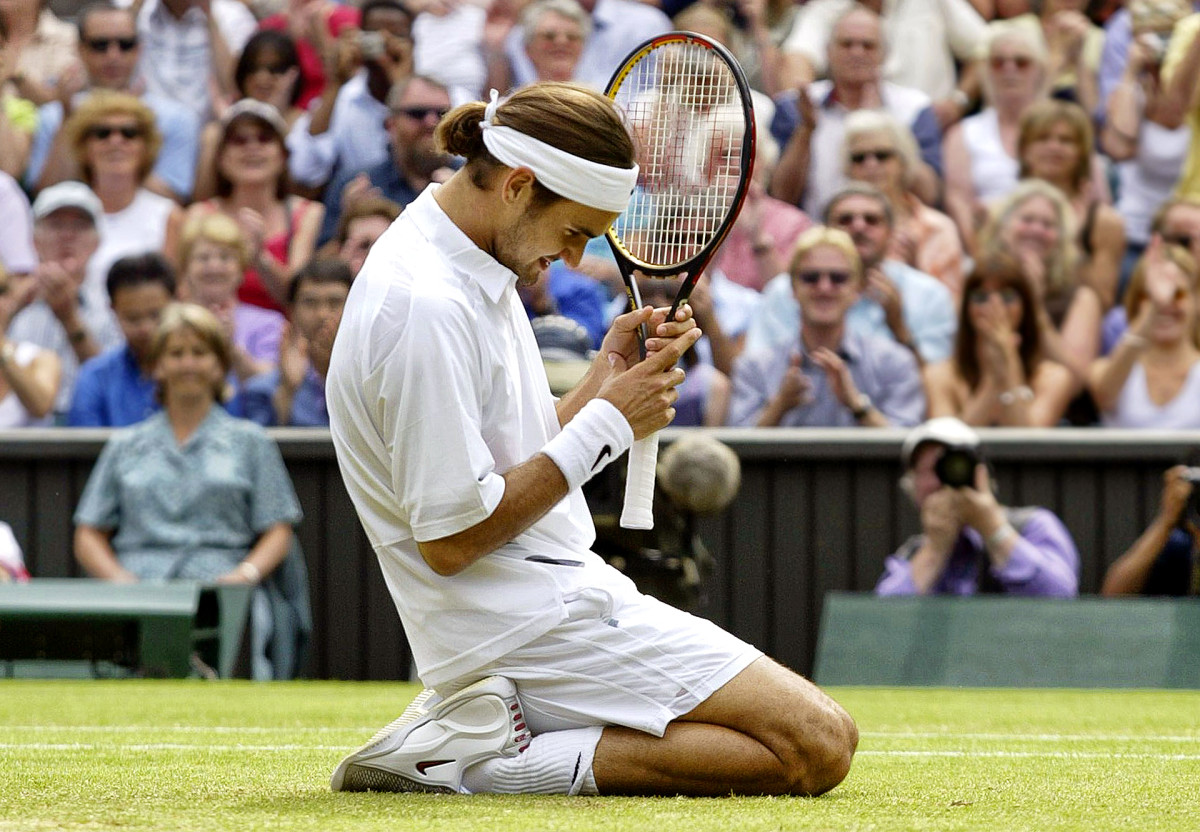 July 6, 2003: Roger Federer celebrates beating Mark Philippoussis in the Wimbledon final.