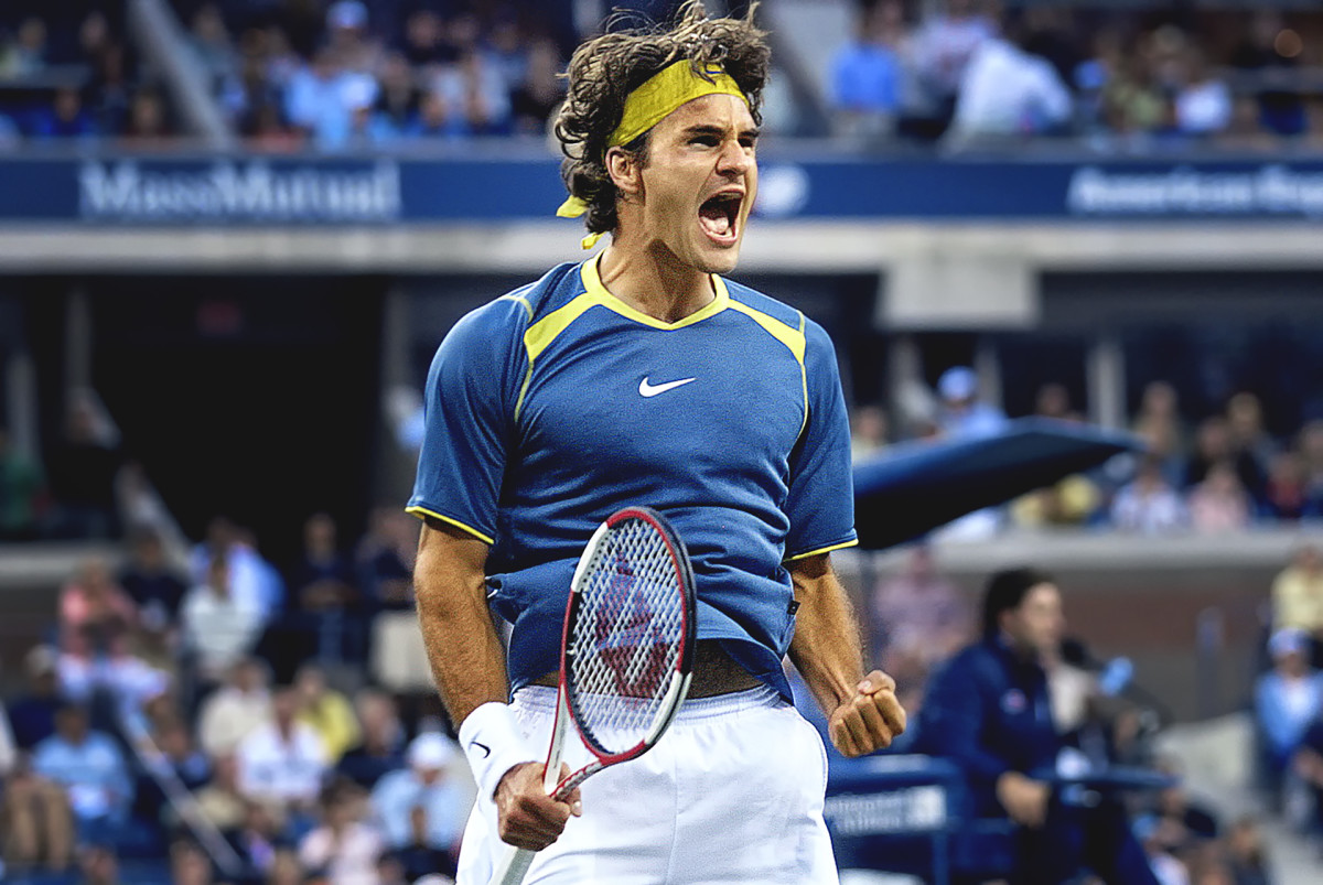 Roger Federer celebrates his win over Andre Agassi in the 2005 U.S. Open final.