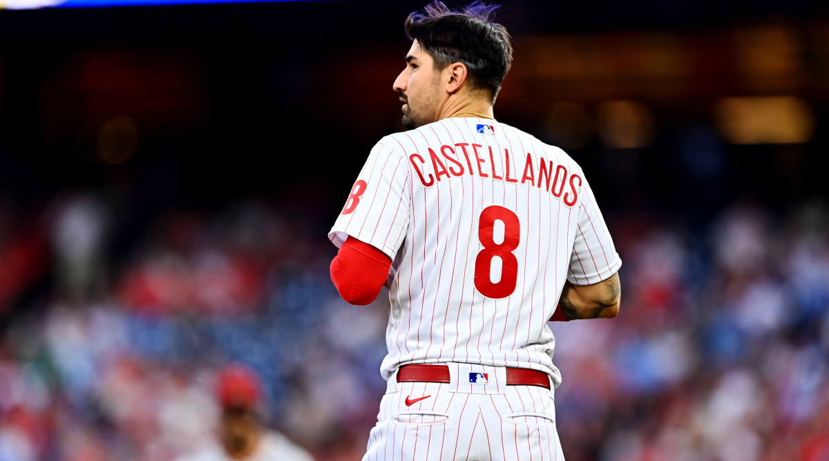 Jun 10, 2022; Philadelphia, Pennsylvania, USA; Philadelphia Phillies designated hitter Nick Castellanos (8) looks on against the Arizona Diamondbacks after second inning at Citizens Bank Park.