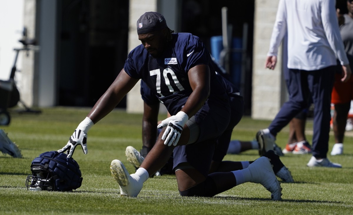 Jul 30, 2022; Lake Forest Illinois, US; Chicago Bears offensive lineman Braxton Jones (70) during training camp at Halas Hall.