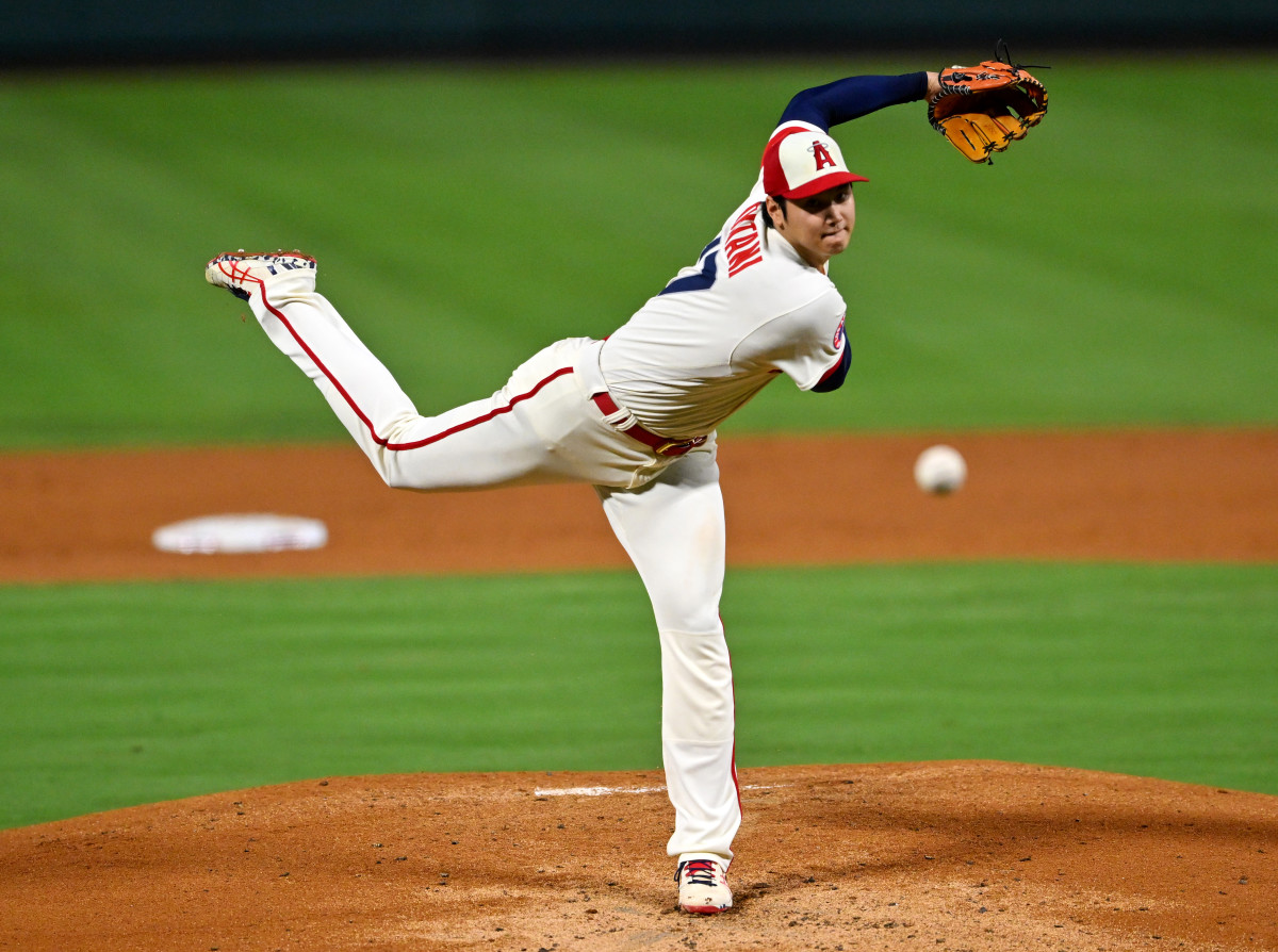 Sep 29, 2022; Anaheim, California, USA; Los Angeles Angels starting pitcher Shohei Ohtani (17) throws to the plate in the second inning against the Oakland Athletics at Angel Stadium.