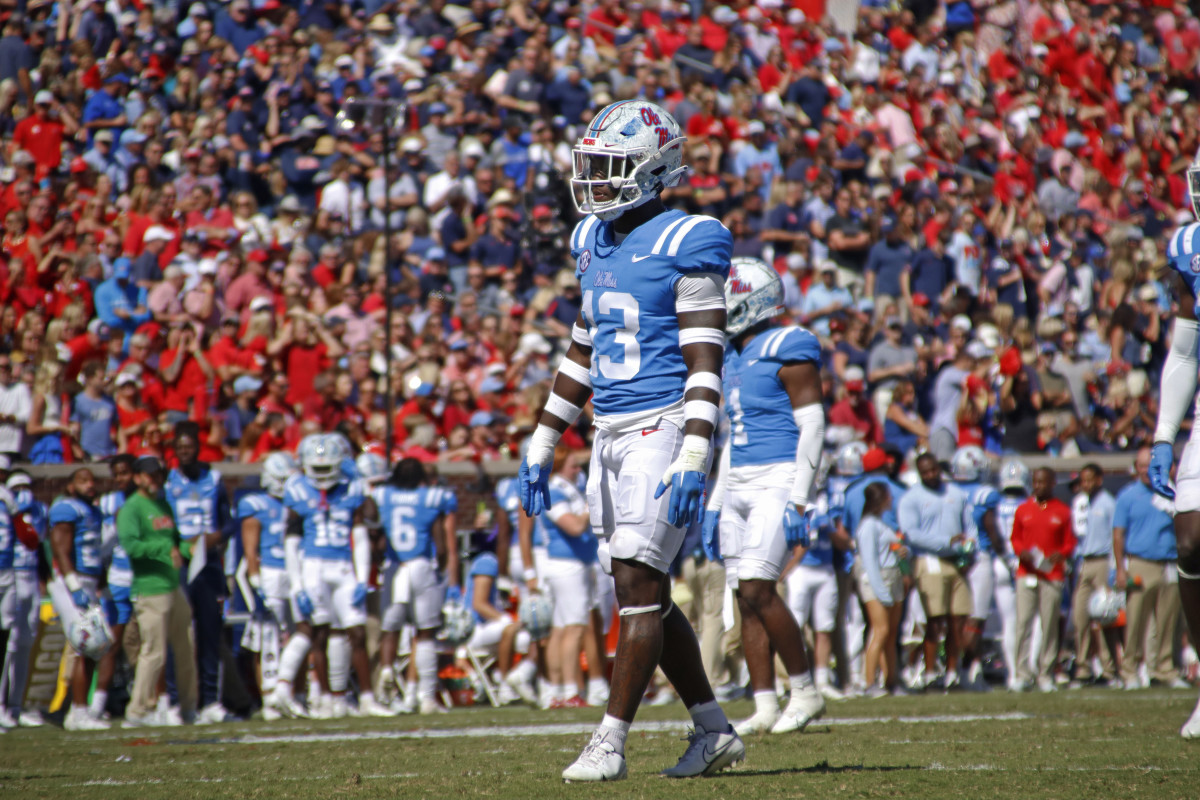 Ole Miss Rebels Ladarius Tennison takes the field versus the Kentucky Wildcats in 2022.