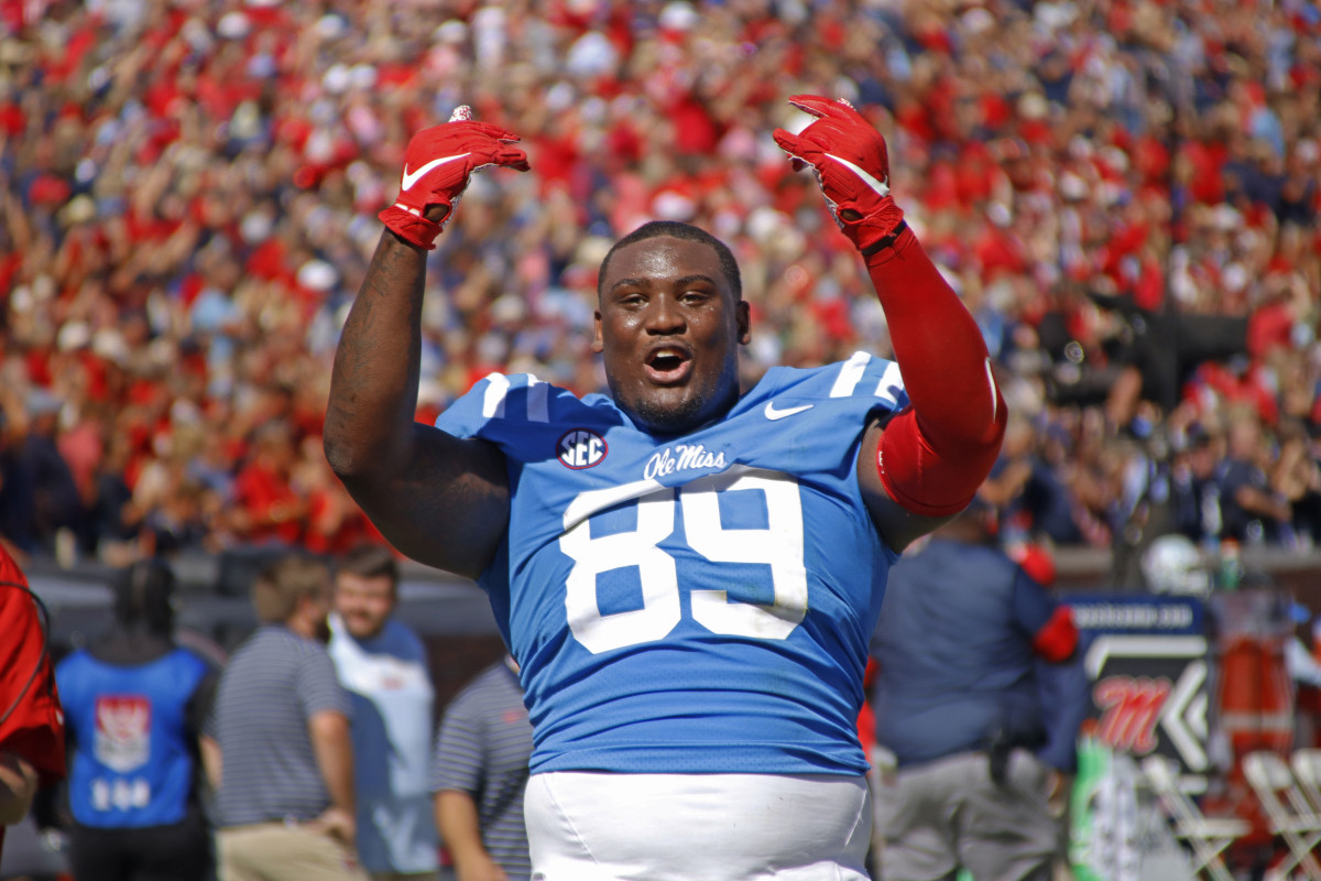 Ole Miss Rebels defensive lineman JJ Pegues on the sidelines during the 2022 home matchup vs. the Kentucky Wildcats.
