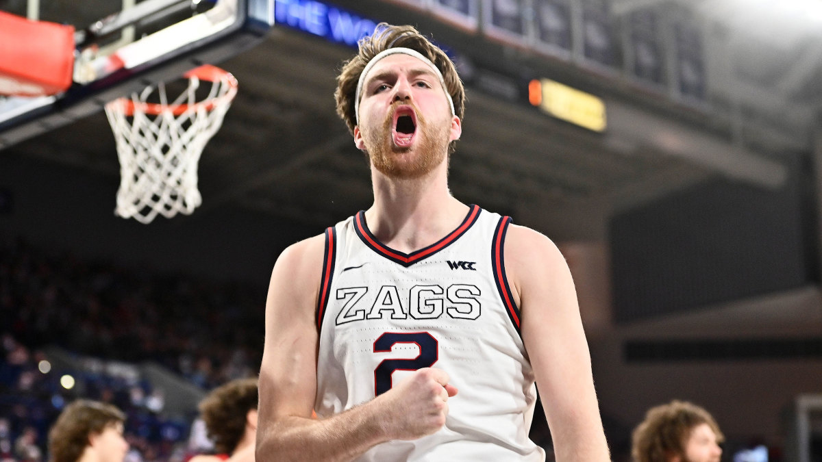 Gonzaga’s Drew Timme celebrates a basket