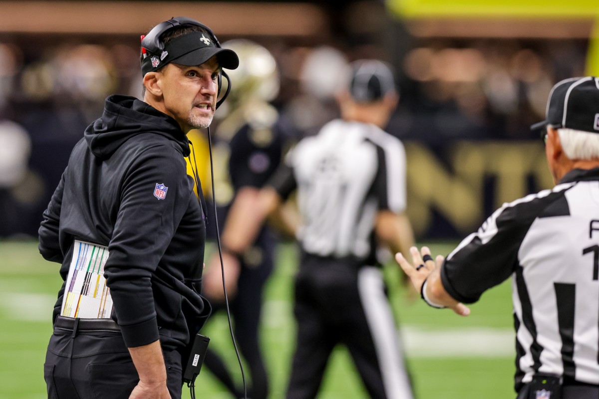 New Orleans Saints coach Dennis Allen talks to the referee against the Seattle Seahawks. Mandatory Credit: Stephen Lew-USA TODAY Sports