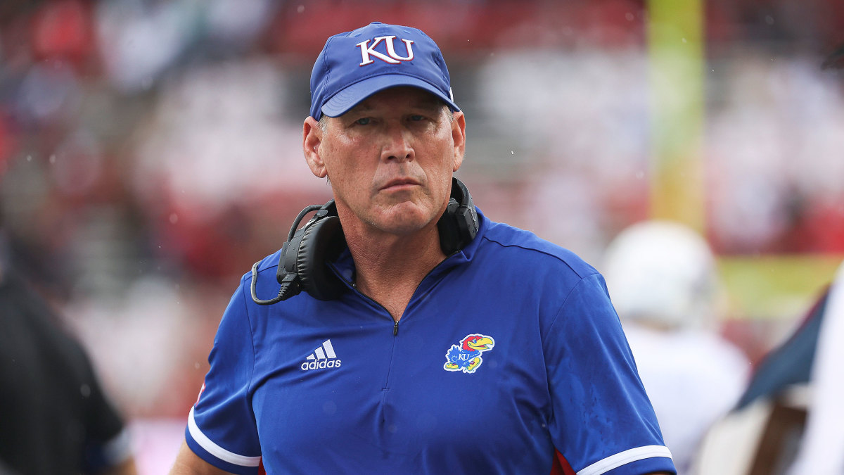 Kansas coach Lance Leipold looks on