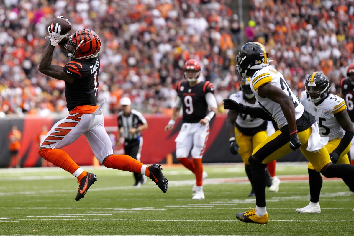 Cincinnati Bengals receiver Ja'Marr Chase (1) catches a pass against Pittsburgh Steelers cornerback Levi Wallace (29). Mandatory Credit: Sam Greene-USA TODAY Sports