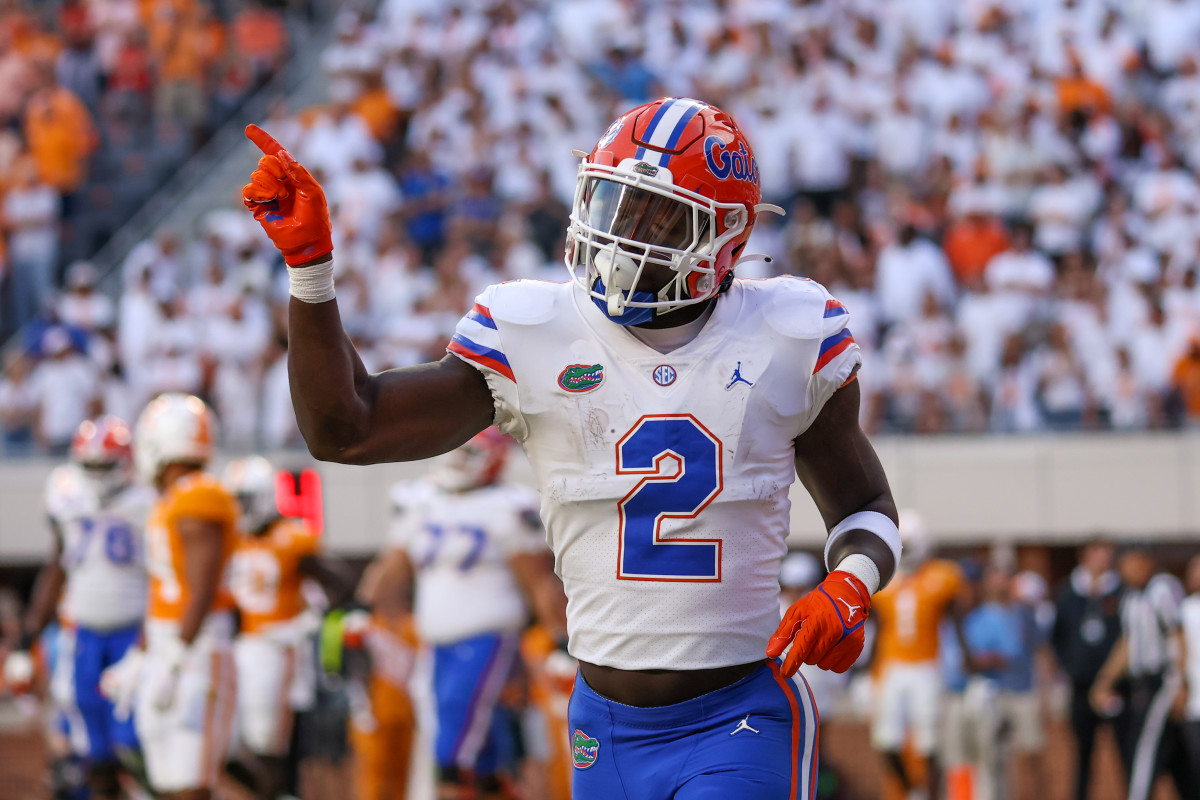 Florida Gators running back Montrell Johnson Jr. (2) celebrates after scoring a touchdown against the Tennessee Volunteers during the second half at Neyland Stadium.