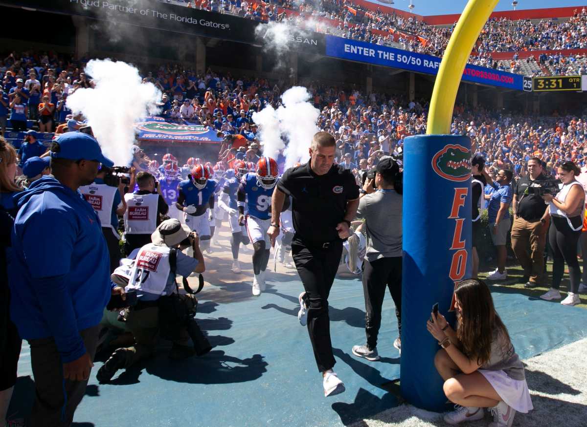 Florida Gators head coach Billy Napier out onto the field before the game between the Florida Gators and Eastern Washington Eagles at Steve Spurrier Field at Ben Hill Griffin Stadium in Gainesville, FL on Sunday, October 2, 2022.
