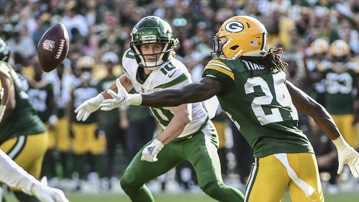 Braxton Berrios vs. the Packers in the 2021 preseason. (Photo by USA Today Sports Images)