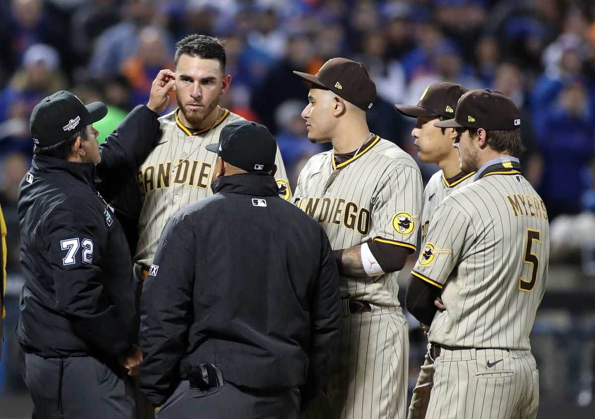 Joe Musgrove has his ears examined for substances in the Wild Card series finale against the Mets.