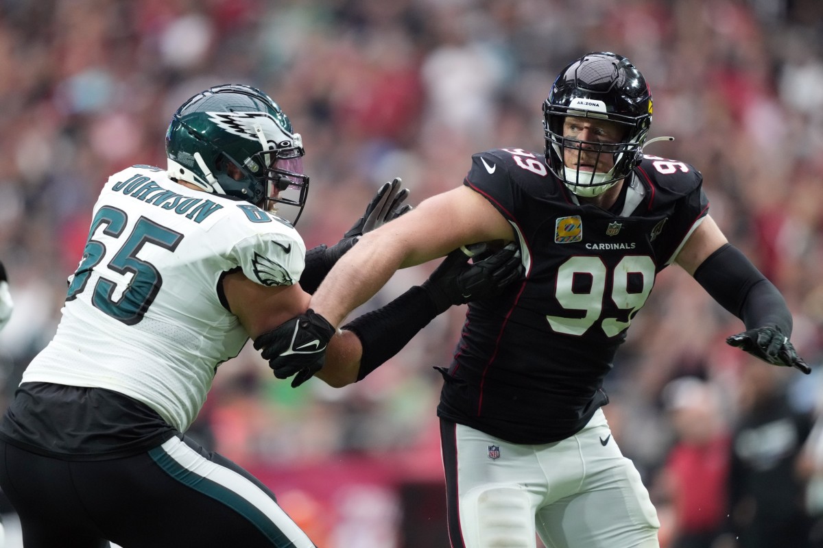 Arizona Cardinals defensive end J.J. Watt (99) works against Philadelphia Eagles tackle Lane Johnson (65). Mandatory Credit: Joe Camporeale-USA TODAY Sports