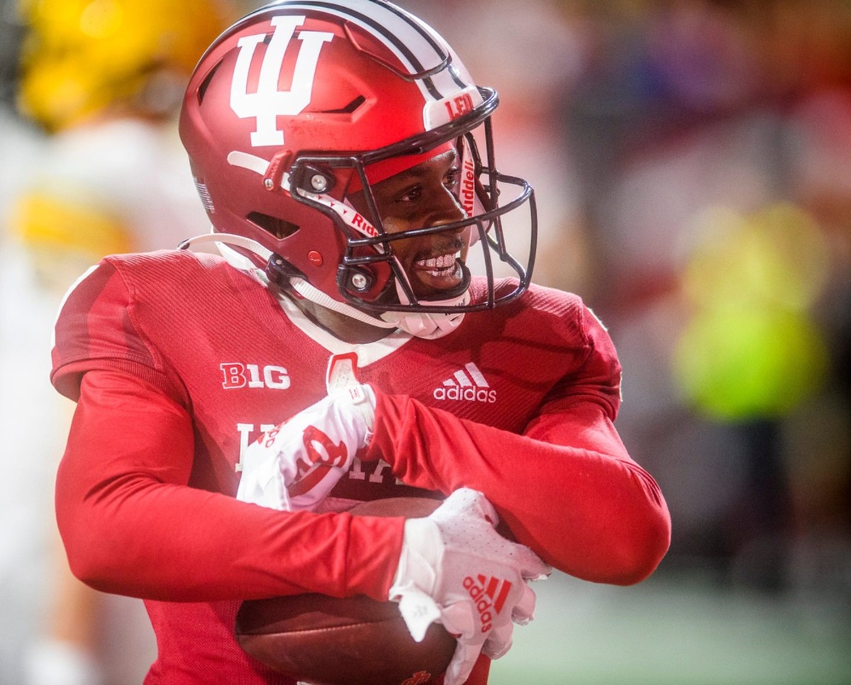 Indiana's D.J. Matthews Jr. (7) celebrates his touchdown during the Indiana versus Idaho football game at Memorial Stadium on Saturday, Sept. 10, 2022.