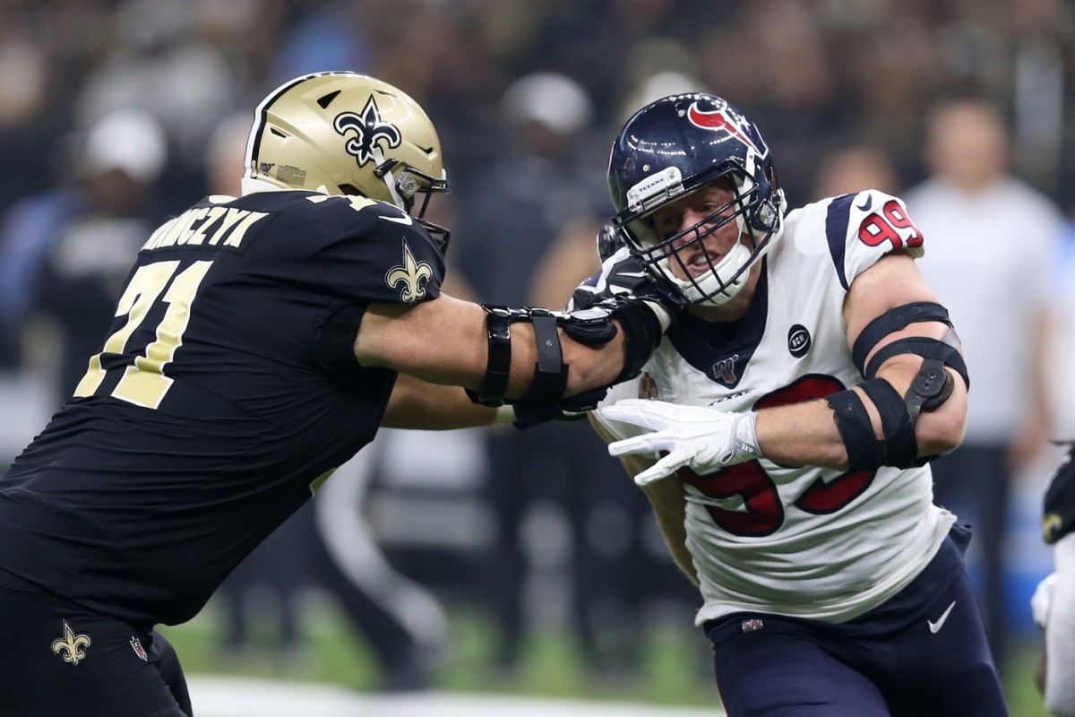 Sep 9, 2019; Houston Texans defensive end J.J. Watt (99) is blocked by New Orleans Saints offensive tackle Ryan Ramczyk (71). Mandatory Credit: Chuck Cook-USA TODAY Sports