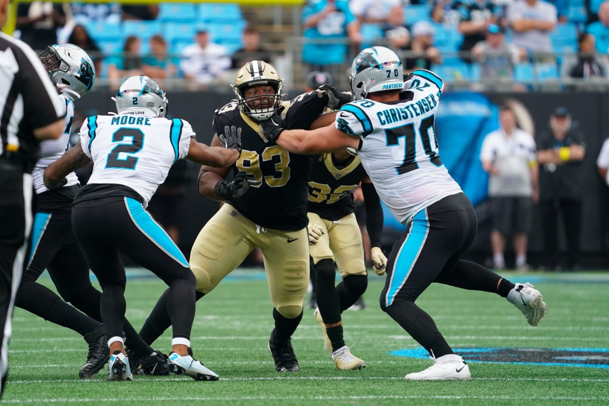 New Orleans Saints defensive tackle David Onyemata (93) is blocked by Carolina Panthers offensive tackle Brady Christensen (70). Mandatory Credit: James Guillory-USA TODAY Sports