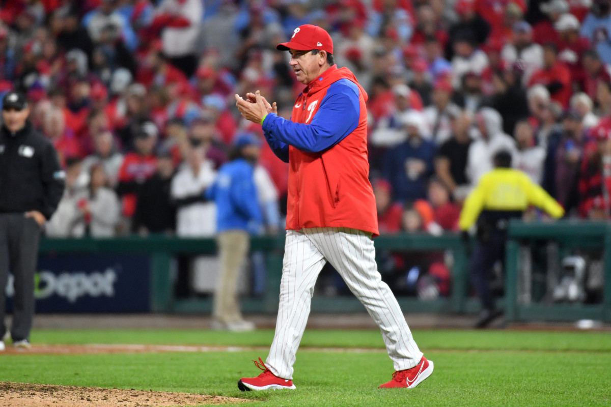 Phillies manager Rob Thomson walks to the mound vs. the Padres.