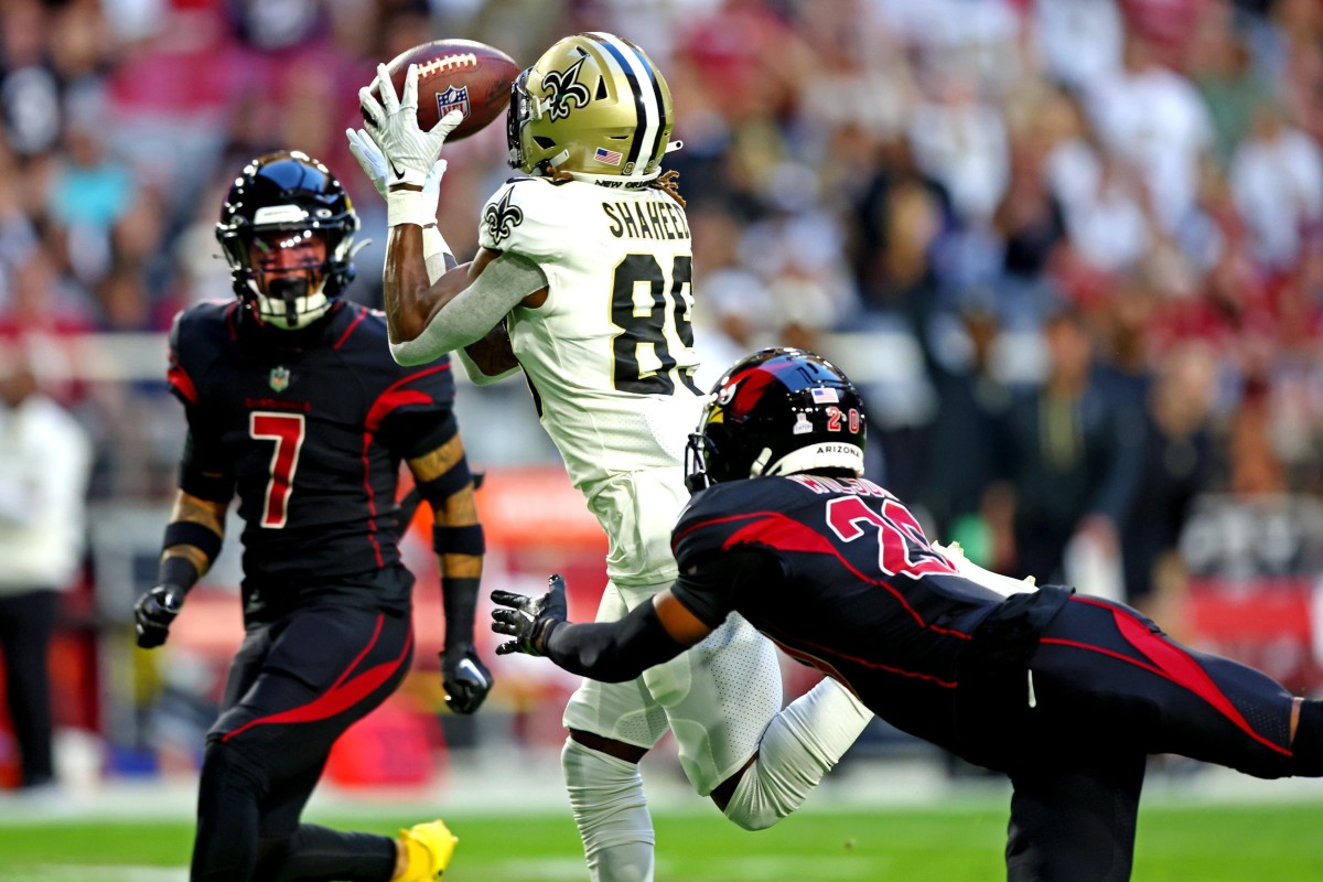 New Orleans Saints receiver Rashid Shaheed (89) catches a touchdown pass against Arizona Cardinals cornerback Marco Wilson (20). Mandatory Credit: Mark J. Rebilas-USA TODAY Sports