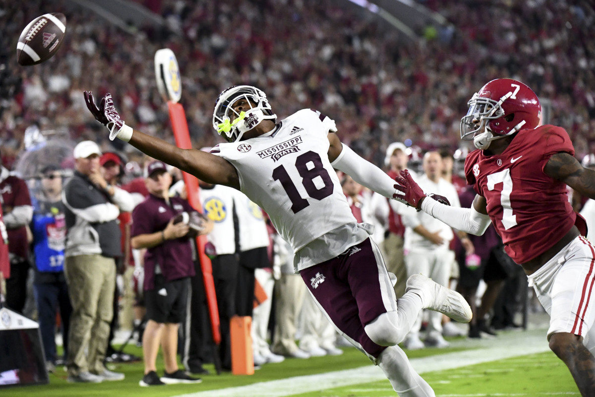 Mississippi State Bulldogs wide receiver Justin Robinson (18) cannot catch a pass in the end zone against Alabama Crimson Tide defensive back Eli Ricks (7) during the first half at Bryant-Denny Stadium.