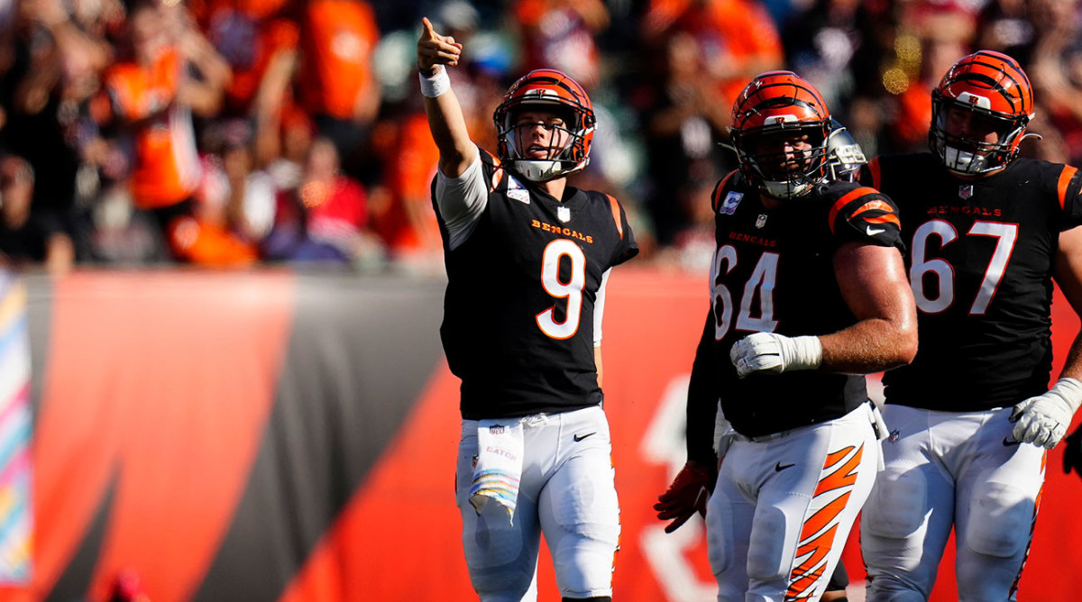Joe Burrow celebrates a first down in a dominant offensive showing against the Falcons.