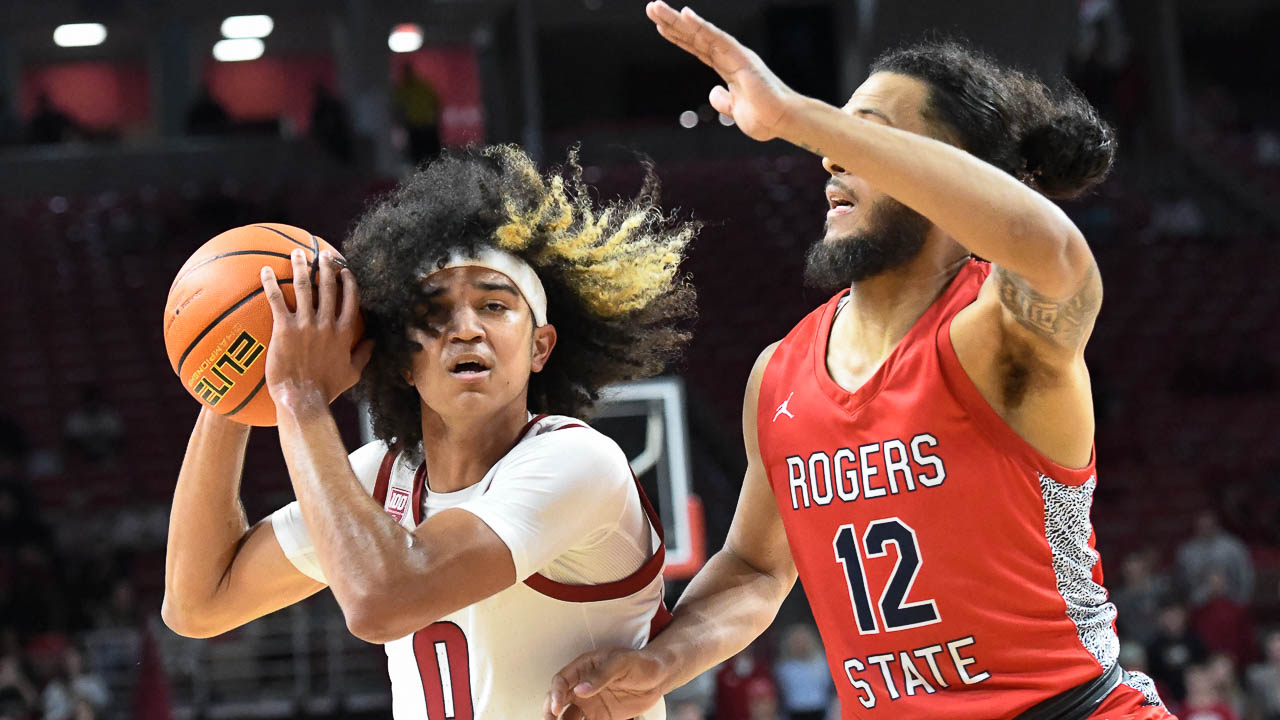Arkansas guard Anthony Black looks for an open man during the Arkansas Razorbacks' blowout of Rogers State during exhibition play last week.