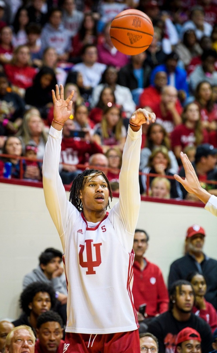 Indiana's Malik Reneau shoots in the short scrimmage during Hoosier Hysteria for the basketball programs at Simon Skjodt Assembly Hall on Friday, Oct. 7, 2022.