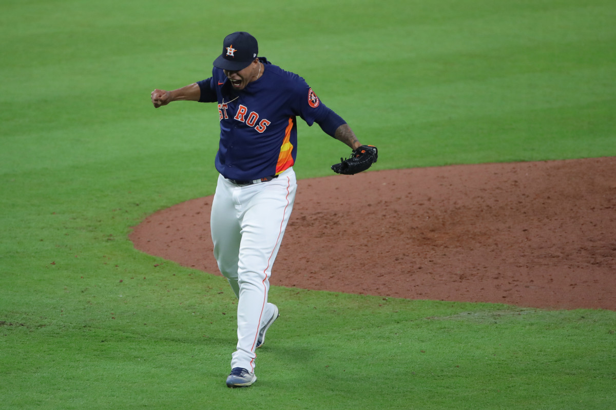 Astros pitcher Bryan Abreu yells in celebration