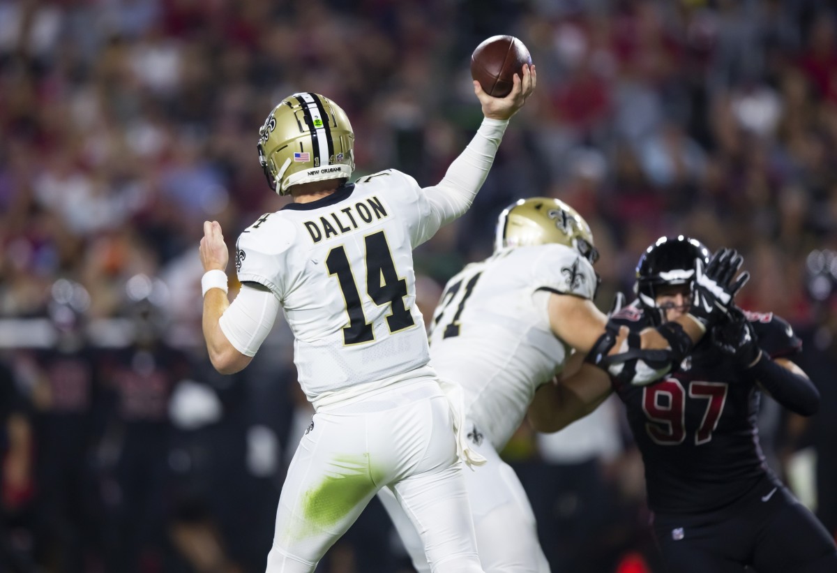 New Orleans Saints quarterback Andy Dalton (14) against the Arizona Cardinals. Mandatory Credit: Mark J. Rebilas-USA TODAY Sports