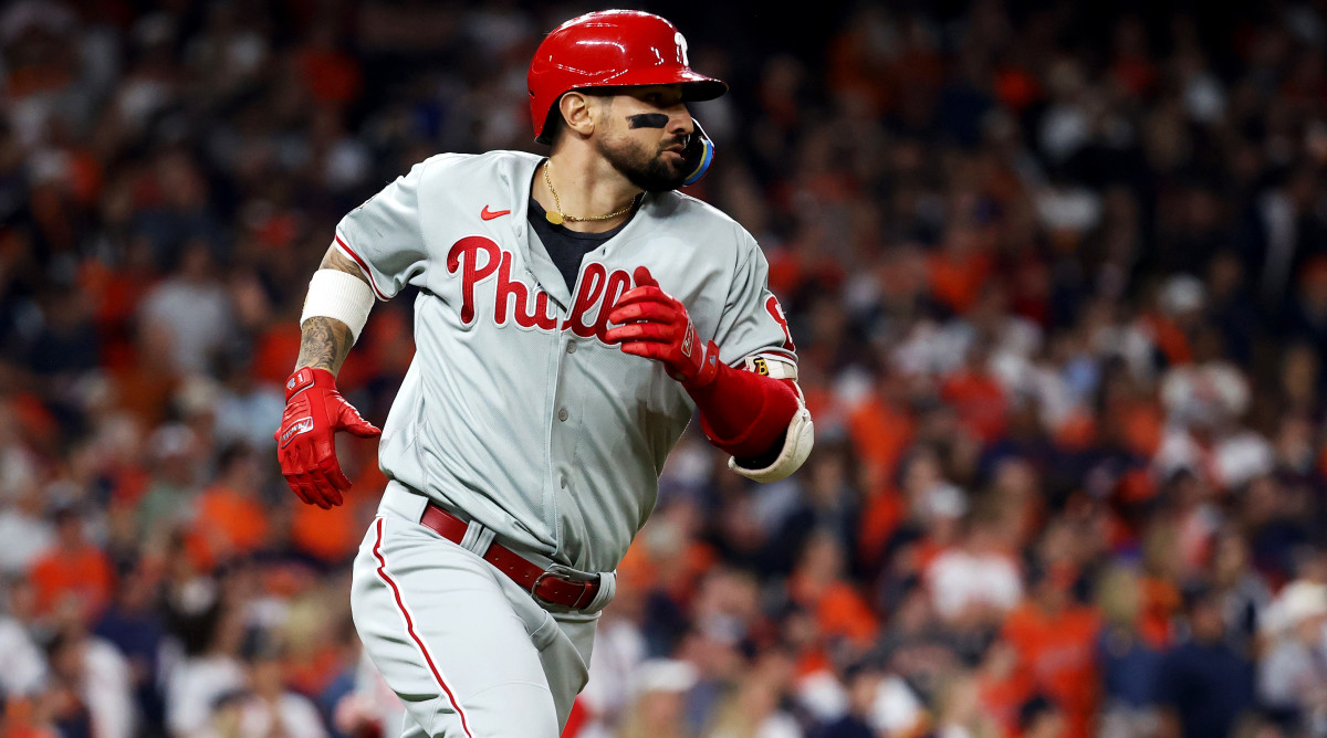 Phillies right fielder Nick Castellanos runs to first base after hitting an RBI single in Game 1 of the World Series.