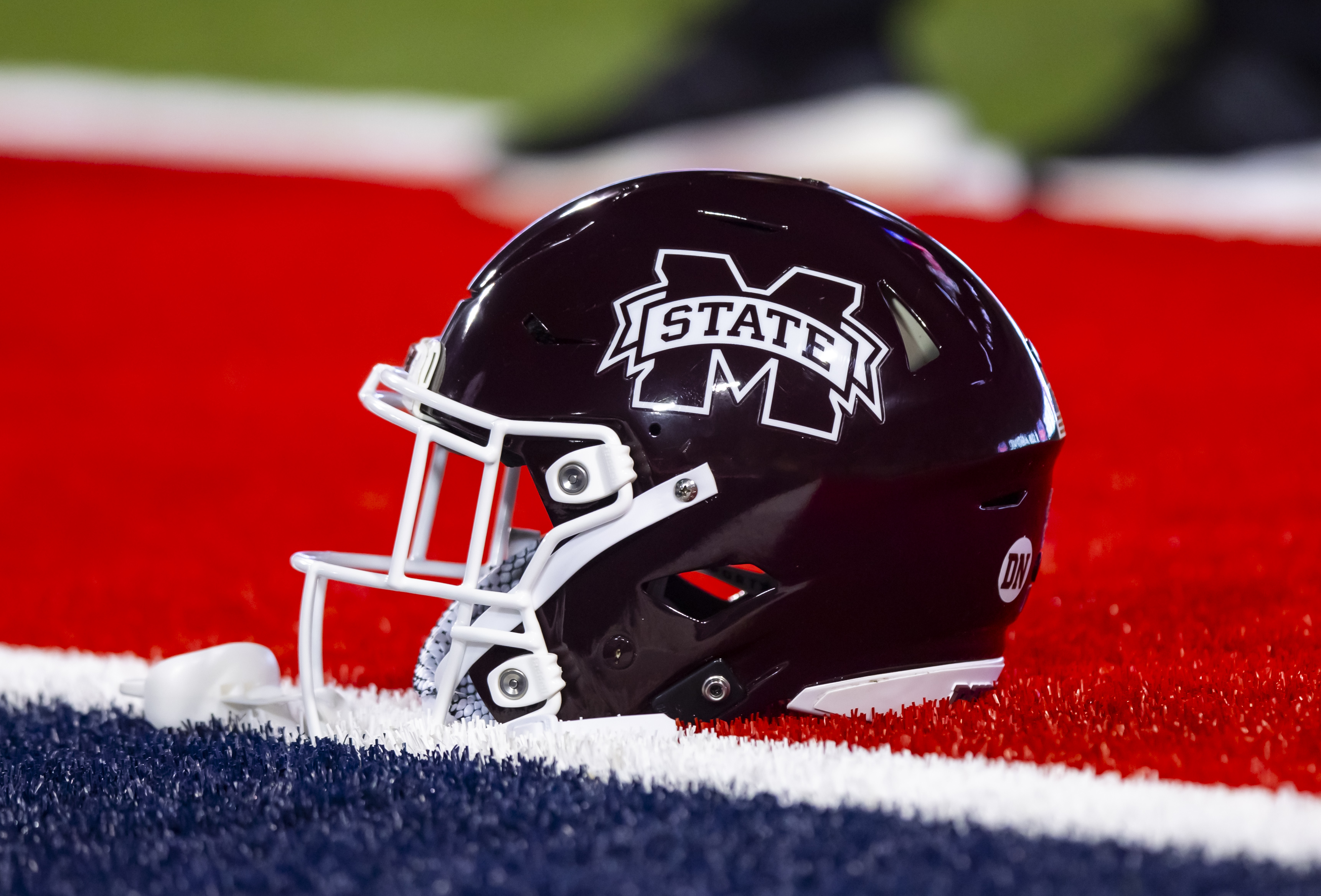 Sep 10, 2022; Tucson, Arizona, USA; Detailed view of a Mississippi State Bulldogs helmet at Arizona Stadium. Mandatory Credit: Mark J. Rebilas-USA TODAY Sports