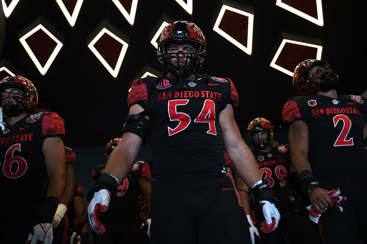 San Diego, California, USA; San Diego State Aztecs linebacker Caden McDonald (54) looks on before the game against the Toledo Rockets during the second half at Snapdragon Stadium.